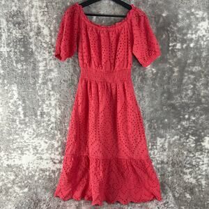 Betsey Johnson Sz M Eyelet Ruffle Party Elastic Waist Fit Flared Midi Dress Pink